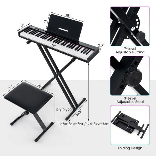 Costway 61-Key Electric Piano Keyboard for Beginners with Adjustable Stand & Stool