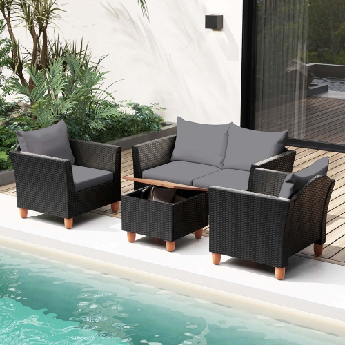 Costway 4 PCS Wicker Patio Furniture Set with Removable Cushions Storage Coffee Table