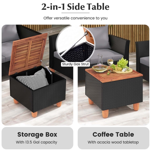 Costway 4 PCS Wicker Patio Furniture Set with Removable Cushions Storage Coffee Table