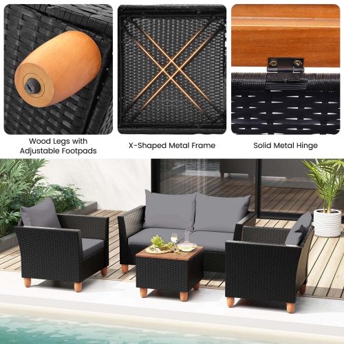 Costway 4 PCS Wicker Patio Furniture Set with Removable Cushions Storage Coffee Table