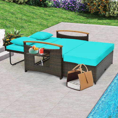 Costway Patio Rattan Daybed Set with Cushioned Loveseat & Storage Ottoman for Porch