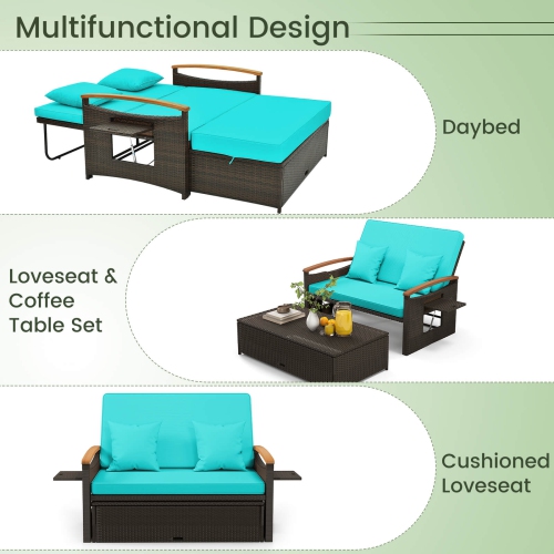Costway Patio Rattan Daybed Set with Cushioned Loveseat & Storage Ottoman for Porch