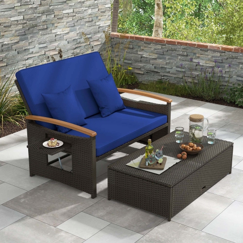 Costway Patio Rattan Daybed Set with Cushioned Loveseat & Storage Ottoman for Porch