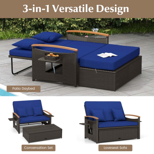 Costway Patio Rattan Daybed Set with Cushioned Loveseat & Storage Ottoman for Porch