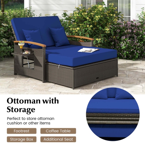 Costway Patio Rattan Daybed Set with Cushioned Loveseat & Storage Ottoman for Porch