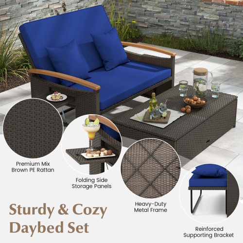 Costway Patio Rattan Daybed Set with Cushioned Loveseat & Storage Ottoman for Porch