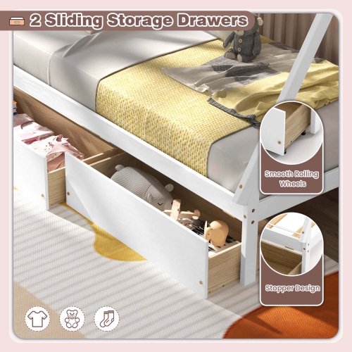 Lit de maison en bois de Costway pour garçons et filles, lit 1 place, avec 2 tiroirs de rangement sur le toit