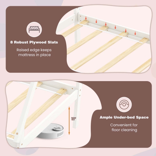 Lit de maison en bois de Costway pour garçons et filles, lit 1 place, avec 2 tiroirs de rangement sur le toit