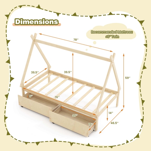 Lit de maison en bois de Costway pour garçons et filles, lit 1 place, avec 2 tiroirs de rangement sur le toit
