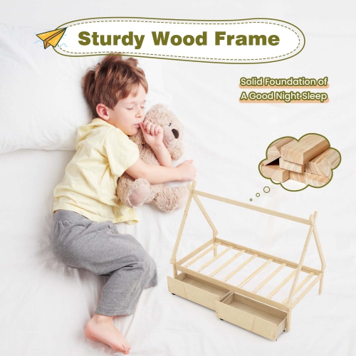 Lit de maison en bois de Costway pour garçons et filles, lit 1 place, avec 2 tiroirs de rangement sur le toit