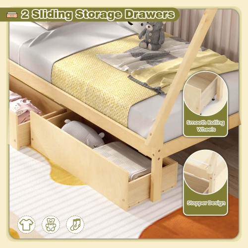 Lit de maison en bois de Costway pour garçons et filles, lit 1 place, avec 2 tiroirs de rangement sur le toit