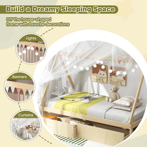 Lit de maison en bois de Costway pour garçons et filles, lit 1 place, avec 2 tiroirs de rangement sur le toit