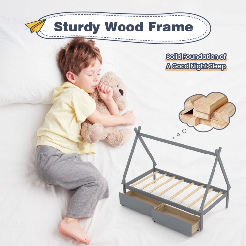 Lit de maison en bois de Costway pour garçons et filles, lit 1 place, avec 2 tiroirs de rangement sur le toit