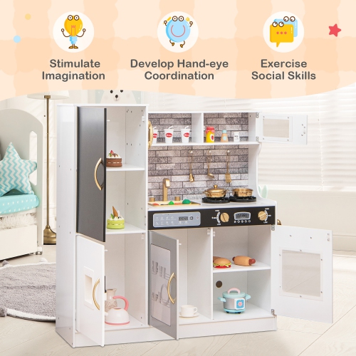 Gymax Play Kitchen Toy Set w/ Chalkboard Oven Sink Curtain Microwave Water Dispenser