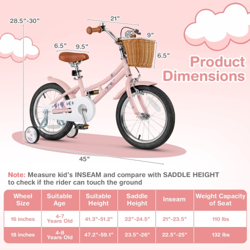Gymax 16'' Kids Bike w/ Height Adjustable Handlebar Seat Basket Bell Training Wheels