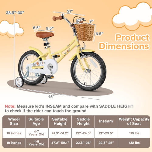 Gymax 16'' Kids Bike w/ Height Adjustable Handlebar Seat Basket Bell Training Wheels