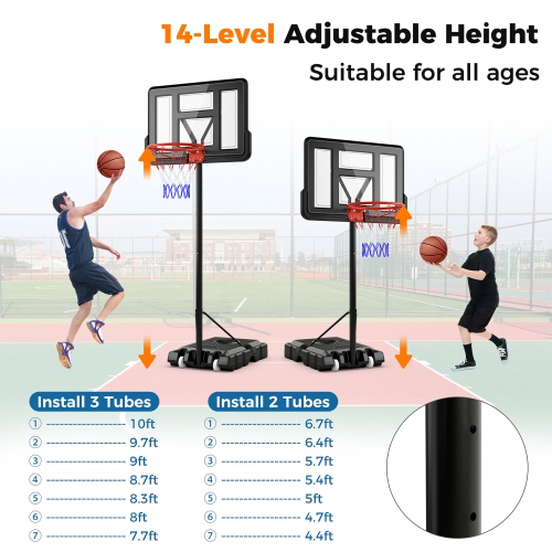 Gymax 4.4-10 FT Portable Basketball Hoop w/ 44'' Shatterproof Backboard Fillable Base