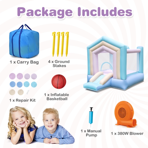 Gymax Kids Bounce House with Slide Basketball Rim Manual Pump 350W Blower Included