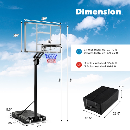 Gymax Portable Basketball Hoop System 4.9-10 FT Adjustable w/ Weight Bag Wheels Outdoor