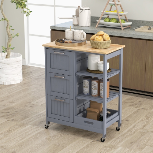 Gymax Rolling Kitchen Island Utility Storage Cart w/ 3 Storage Drawers & Shelves Grey