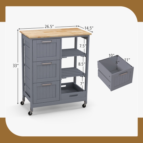 Gymax Rolling Kitchen Island Utility Storage Cart w/ 3 Storage Drawers & Shelves Grey