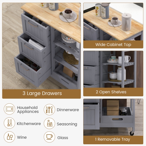 Gymax Rolling Kitchen Island Utility Storage Cart w/ 3 Storage Drawers & Shelves Grey