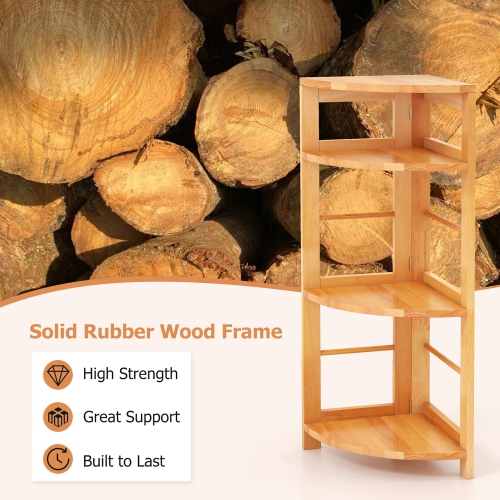 Gymax 4-Tier Corner Shelf w/ Rubber Wood Frame Anti-Toppling Kit Home Office Natural