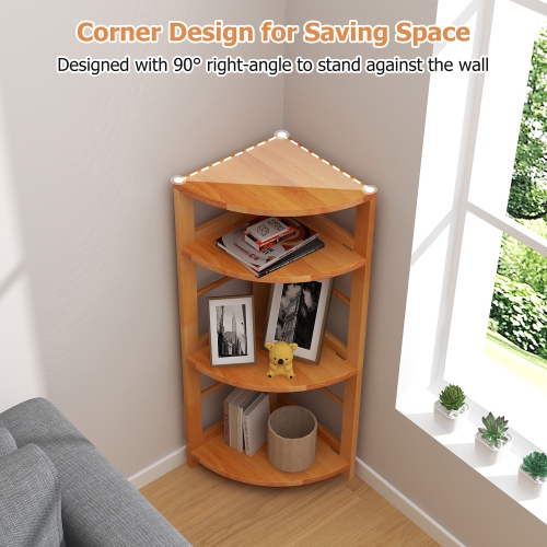 Gymax 4-Tier Corner Shelf w/ Rubber Wood Frame Anti-Toppling Kit Home Office Natural