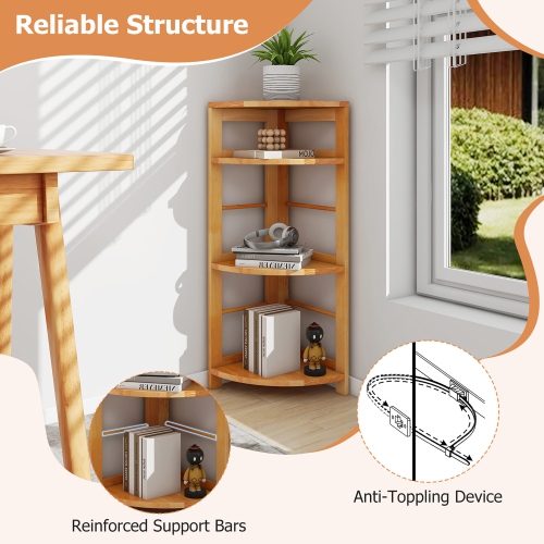 Gymax 4-Tier Corner Shelf w/ Rubber Wood Frame Anti-Toppling Kit Home Office Natural