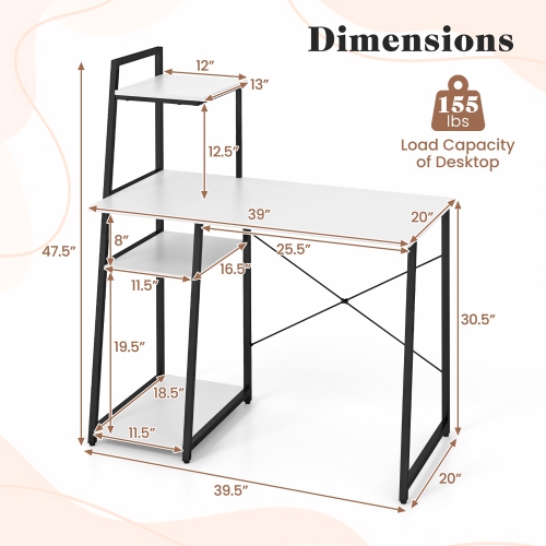Gymax Computer Desk w/ Shelves 3-Tier Storage Bookshelf Ladder-shaped Metal Frame