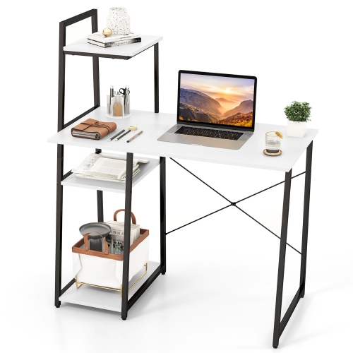 Gymax Computer Desk w/ Shelves 3-Tier Storage Bookshelf Ladder-shaped Metal Frame