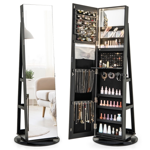 GYMAX  360° Rotating Mirrored Jewelry Cabinet Armoire 3 Color Led Modes Lockable In Black