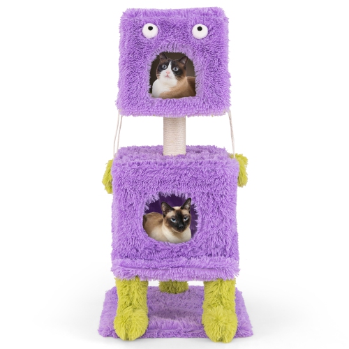 GYMAX  Cat Tree Cute Monster-Themed Cat Tower W/ 2 Private Condos & Soft Long Plush
