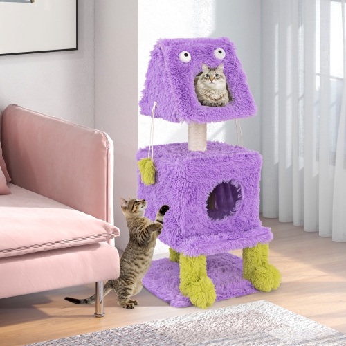 Gymax Cat Tree Cute Monster-Themed Cat Tower w/ 2 Private Condos & Soft Long Plush