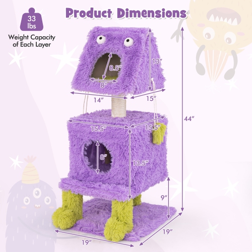 Gymax Cat Tree Cute Monster-Themed Cat Tower w/ 2 Private Condos & Soft Long Plush