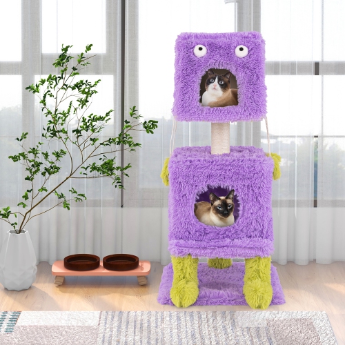 Gymax Cat Tree Cute Monster-Themed Cat Tower w/ 2 Private Condos & Soft Long Plush
