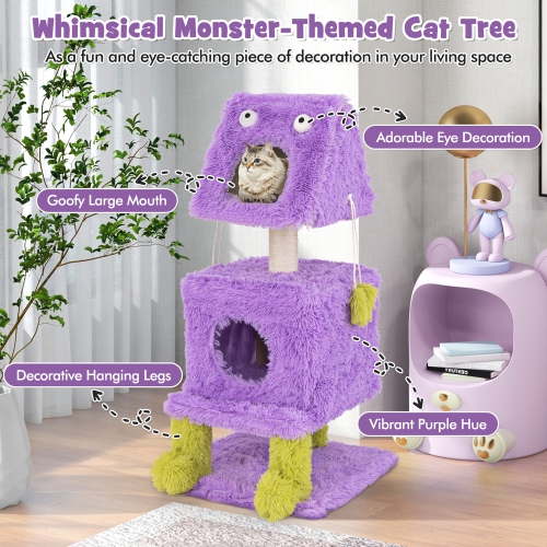 Gymax Cat Tree Cute Monster-Themed Cat Tower w/ 2 Private Condos & Soft Long Plush