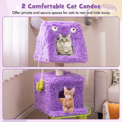 Gymax Cat Tree Cute Monster-Themed Cat Tower w/ 2 Private Condos & Soft Long Plush