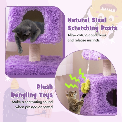 Gymax Cat Tree Cute Monster-Themed Cat Tower w/ 2 Private Condos & Soft Long Plush