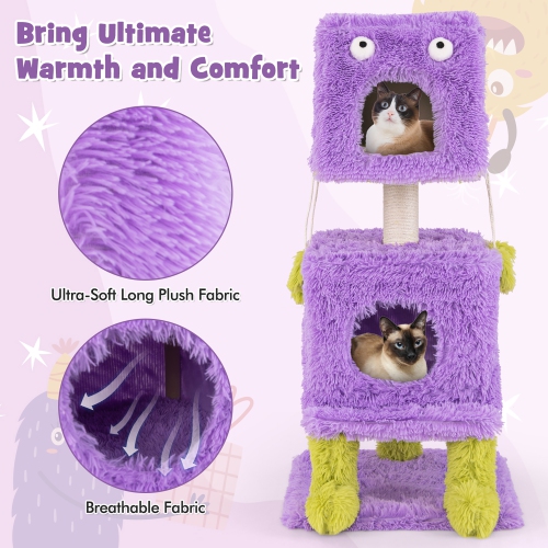 Gymax Cat Tree Cute Monster-Themed Cat Tower w/ 2 Private Condos & Soft Long Plush