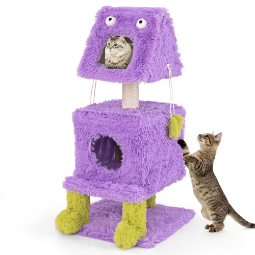 Gymax Cat Tree Cute Monster-Themed Cat Tower w/ 2 Private Condos & Soft Long Plush