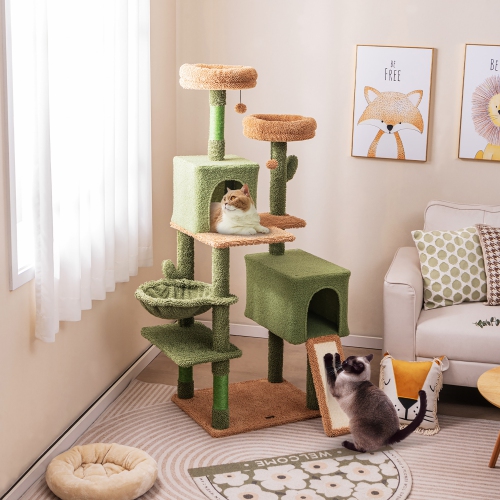 Gymax 63'' Cactus Cat Tree for Indoor Cats w/Sisal Scratching Posts & Ladder Basket Bed