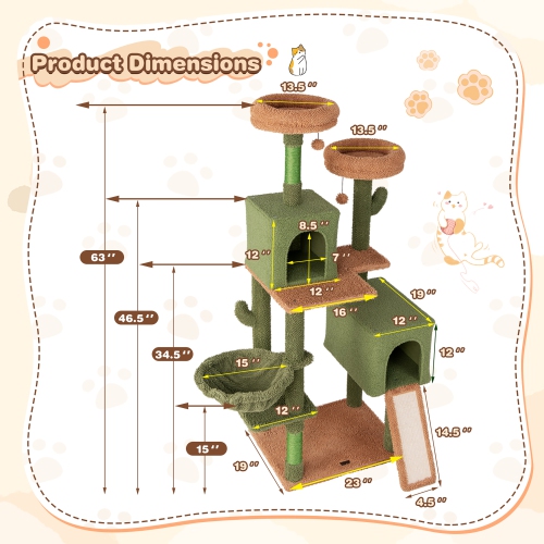 Gymax 63'' Cactus Cat Tree for Indoor Cats w/Sisal Scratching Posts & Ladder Basket Bed
