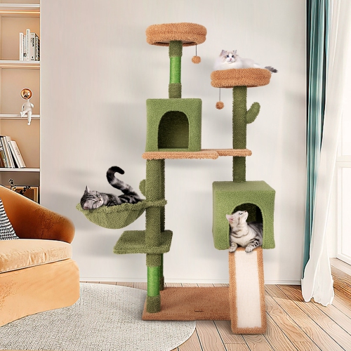 Gymax 63'' Cactus Cat Tree for Indoor Cats w/Sisal Scratching Posts & Ladder Basket Bed