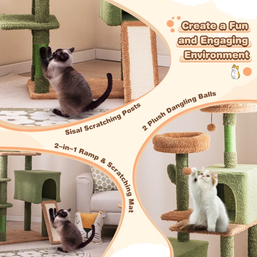 Gymax 63'' Cactus Cat Tree for Indoor Cats w/Sisal Scratching Posts & Ladder Basket Bed