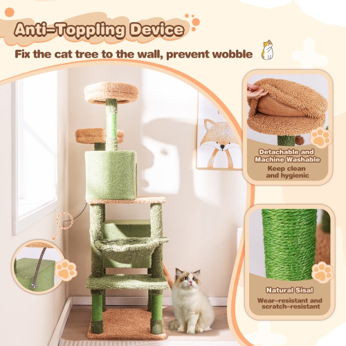 Gymax 63'' Cactus Cat Tree for Indoor Cats w/Sisal Scratching Posts & Ladder Basket Bed