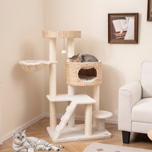 Gymax Modern Cat Tower w/ Cattail Fluff Condo & Top Perch Sisal Scratching Posts