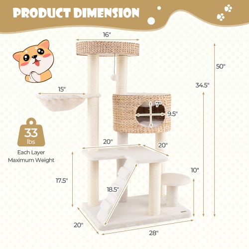 Gymax Modern Cat Tower w/ Cattail Fluff Condo & Top Perch Sisal Scratching Posts