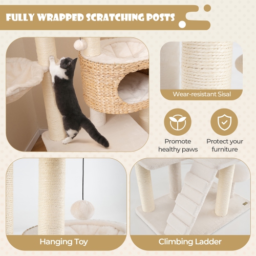 Gymax Modern Cat Tower w/ Cattail Fluff Condo & Top Perch Sisal Scratching Posts