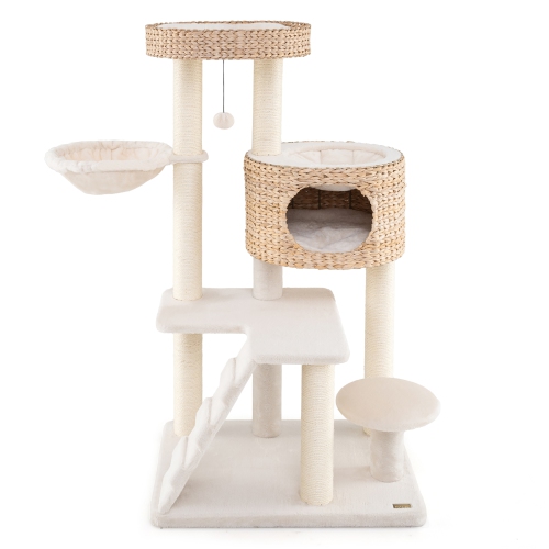 Gymax Modern Cat Tower w/ Cattail Fluff Condo & Top Perch Sisal Scratching Posts